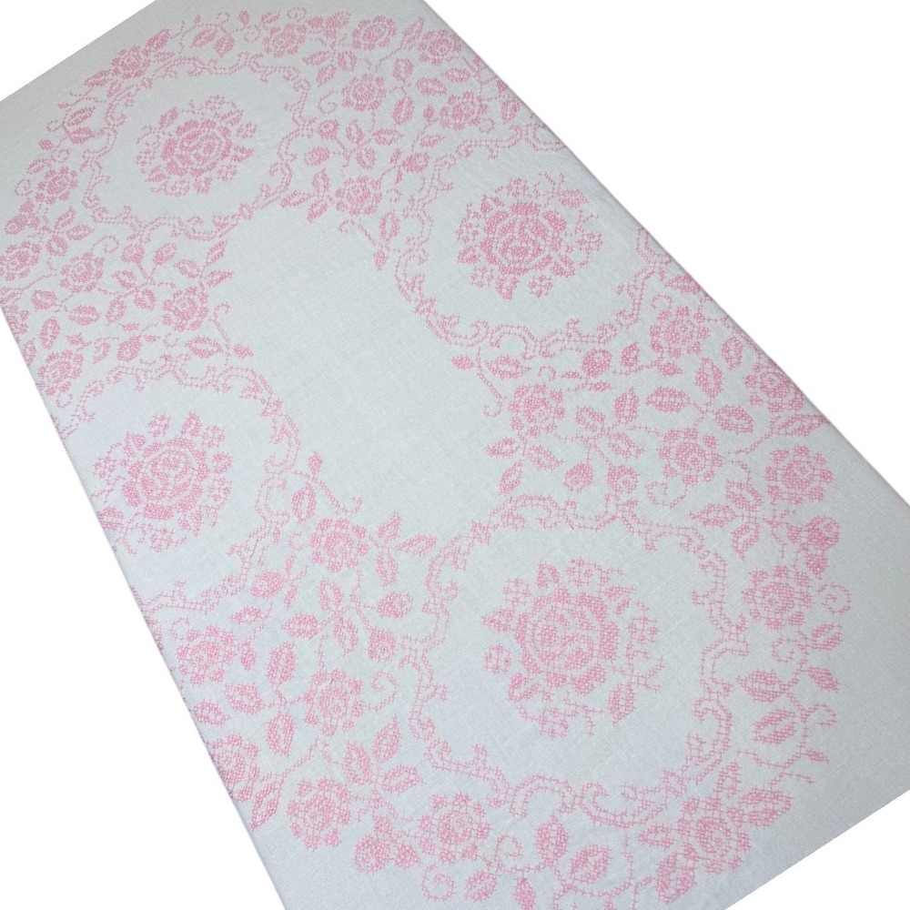 Vintage Pink Cross Stitch Rose Linen Tablecloth and 4 Napkins Set White Cotttage